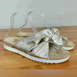 PAUL GREEN Women's Leather Champagne Twist Flat Sandals Slip On Neutral Casual